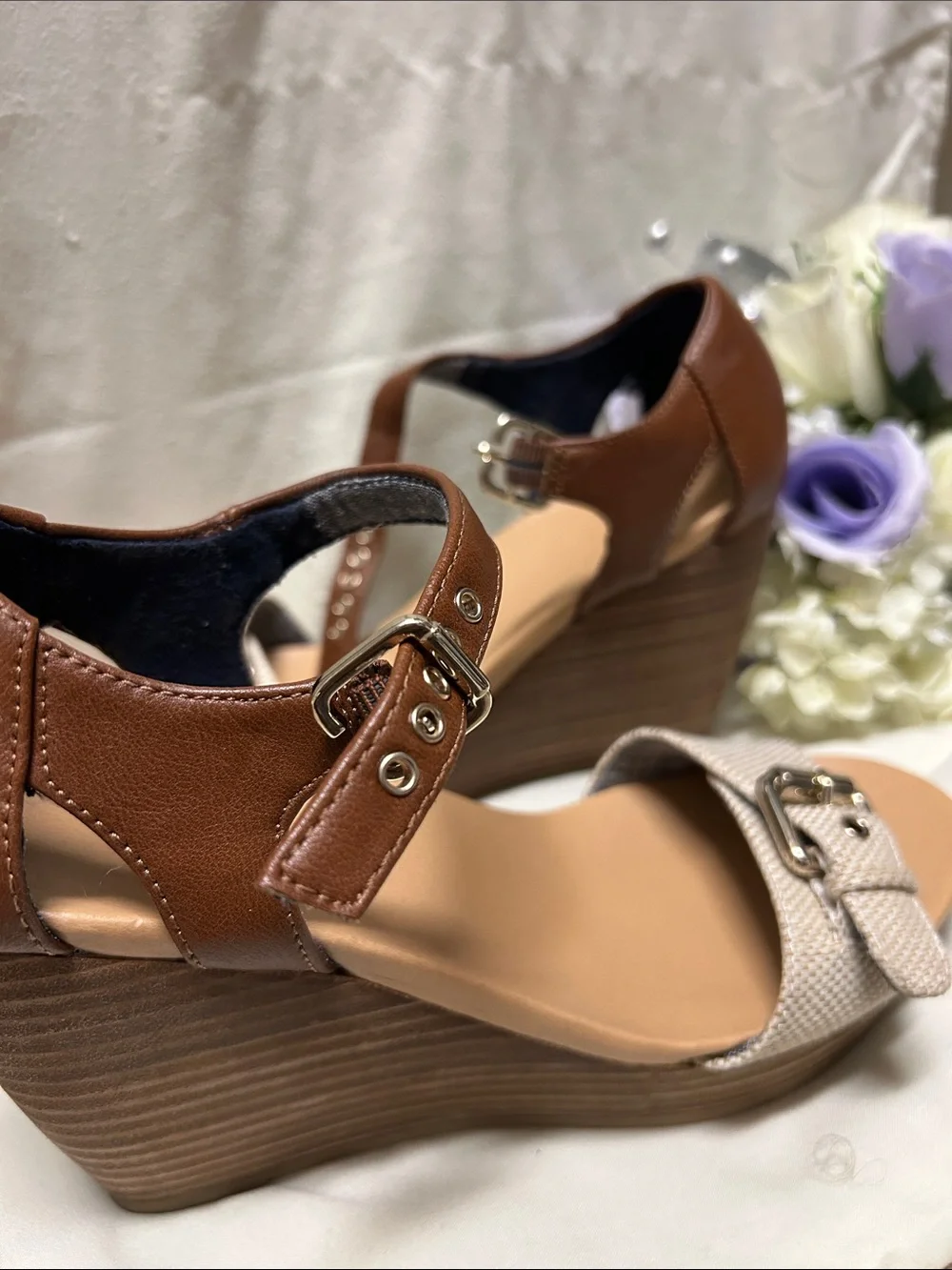 Dr. Scholl's Brown and Tan Wedge Sandals with Buckle Detail